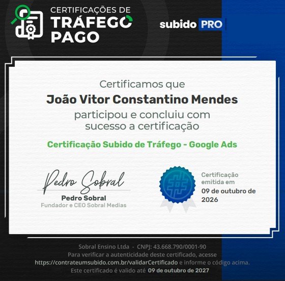 Certificado SubidoPRO de Google Ads de João Vitor Constantino Mendes