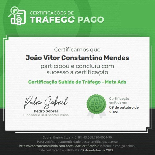 Certificado Subido de Tráfego de Meta Ads de João Vitor Constantino Mendes