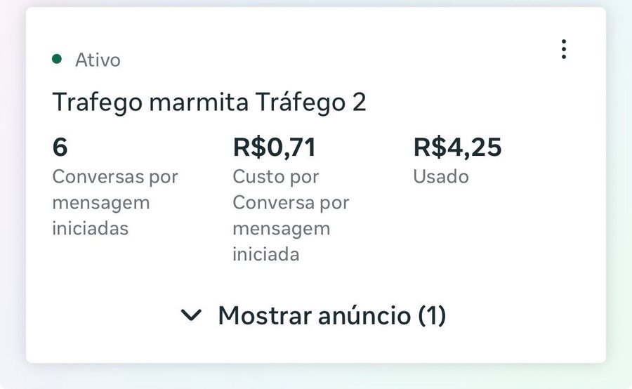 Print do Meta Ads de uma marmitaria: 6 conversas iniciadas a R$ 0,71 cada
