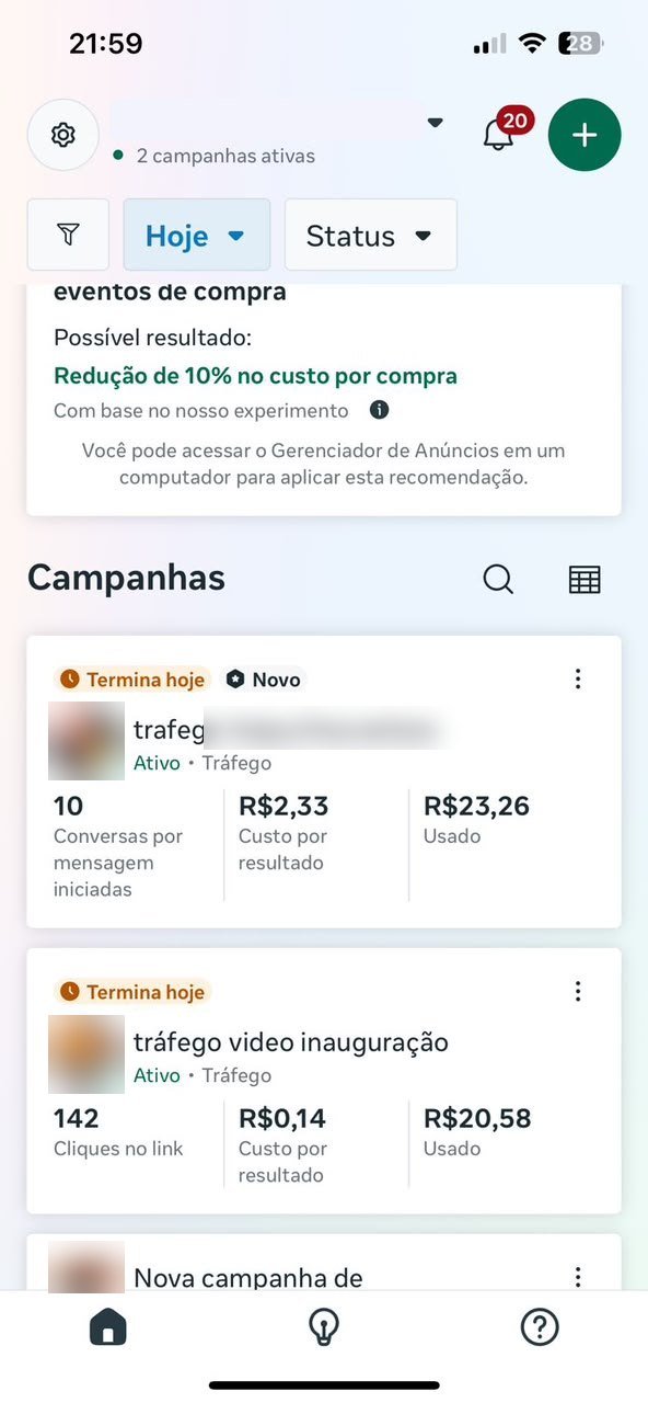 Print do Meta Ads de um restaurante: 142 cliques no link a R$ 0,14 e 10 conversas a R$ 2,33